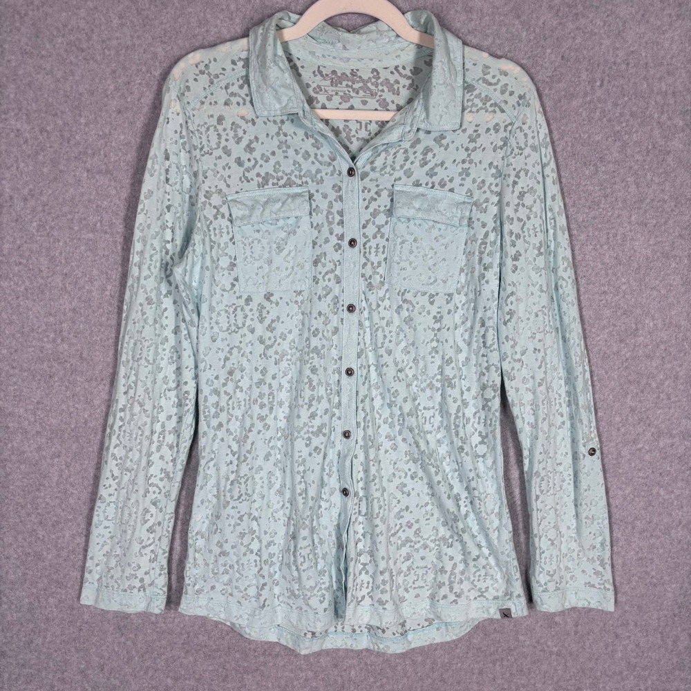 Eddie Bauer Burnout Leopard Print Shirt XS Light Blue Button Down‎ GORP Outdoor